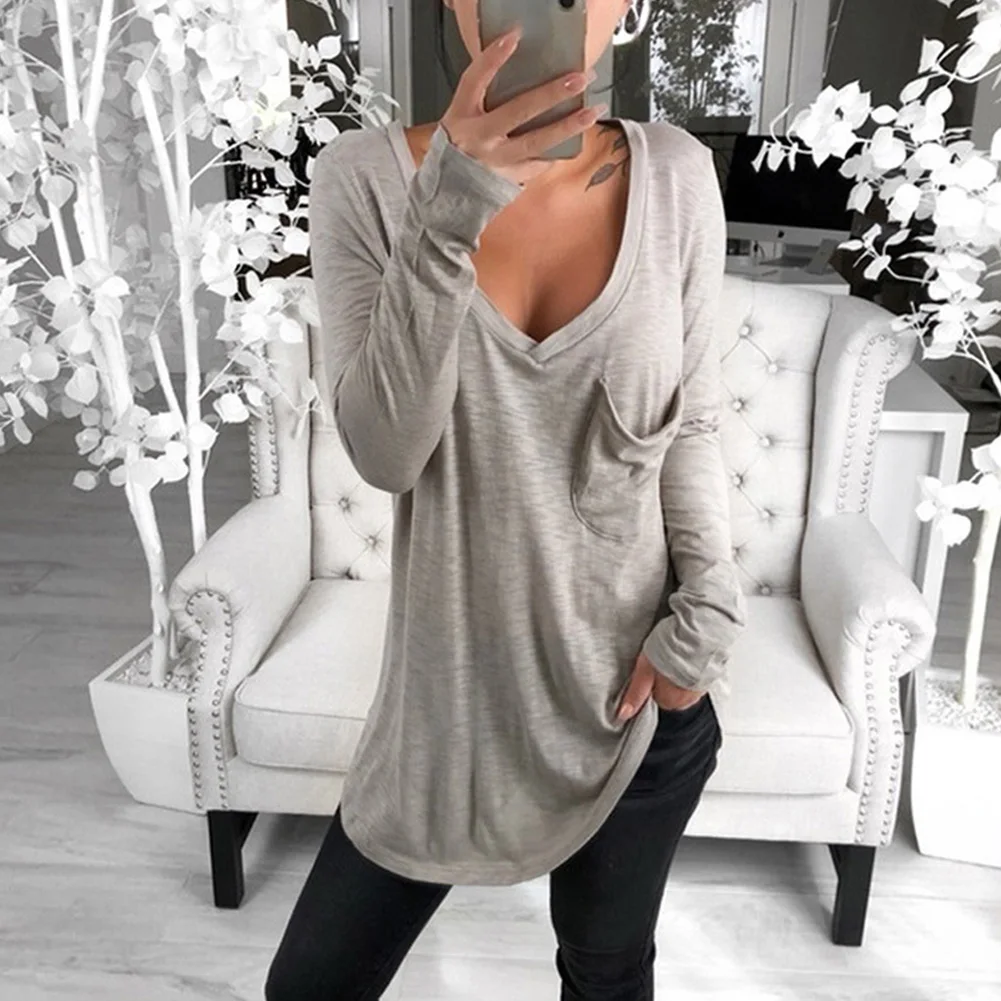

Tops Casual Solid Front Pocket Women T-shirt Pullover Tunic V Neck Ladies Baggy Loose Daily Blouse Long Sleeve