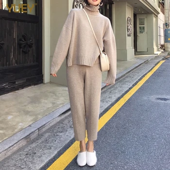

Womens Cozy Outfits Knitted 2 Pieces Clothing Set For Autumn Spring Loose Leisure Streetwear Suit Female Turtleneck Pullovers