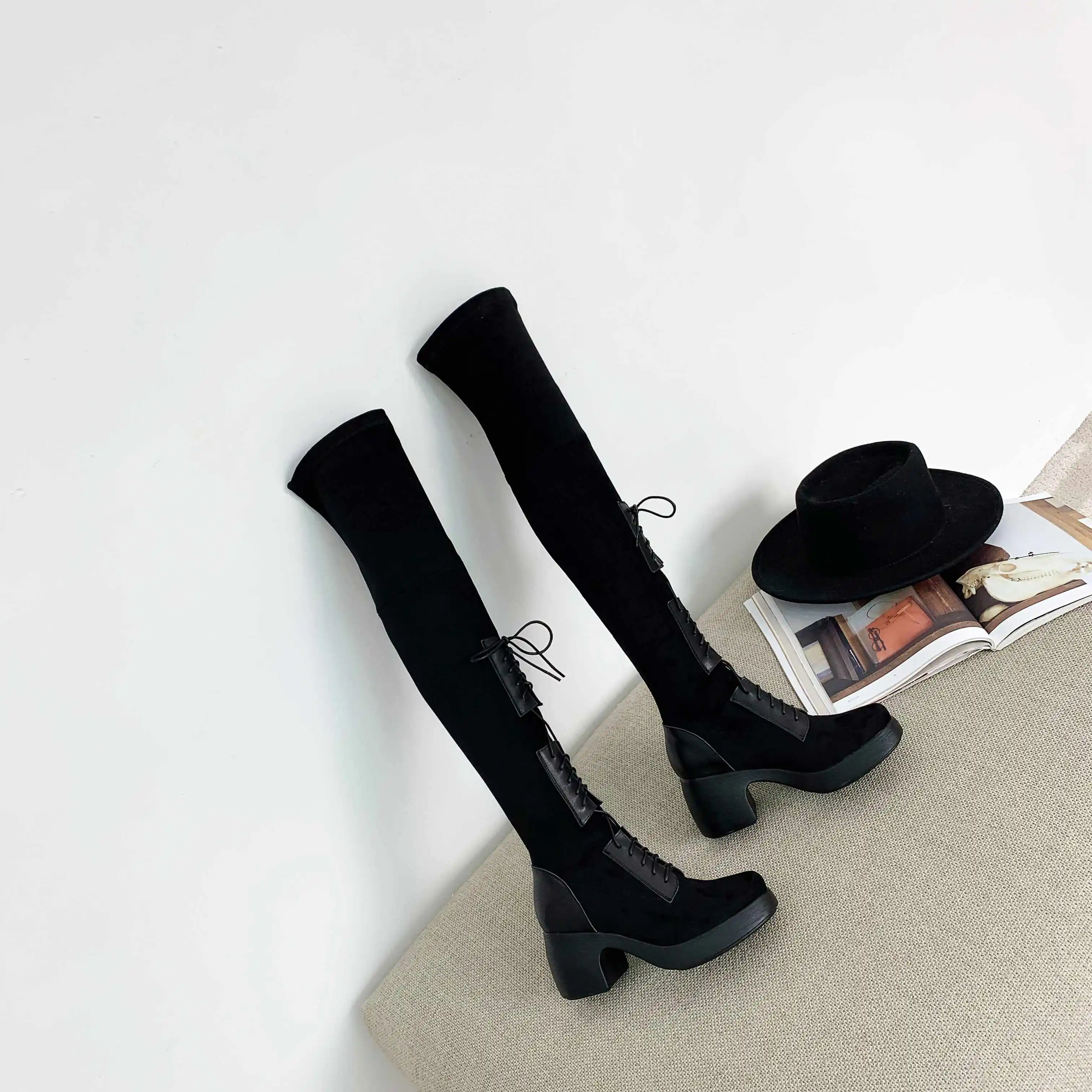Lenkisen unique lace up stretch boots round toe high heels thick bottom winter keep warm women fashion over-the-knee boots L32