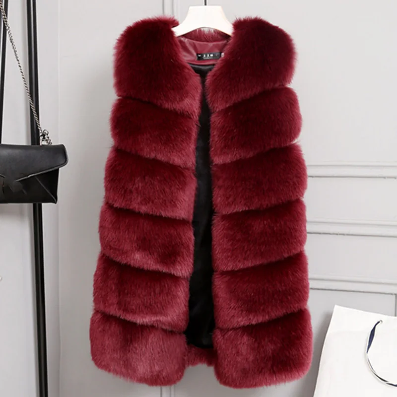 Wine Red Зимний женский жилет из искусственного меха без рукавов размера плюс 4XL, роскошный Теплый Женский жилет из лисы, пальто, женская серая шикарная куртка для девушек - Color: Wine Red