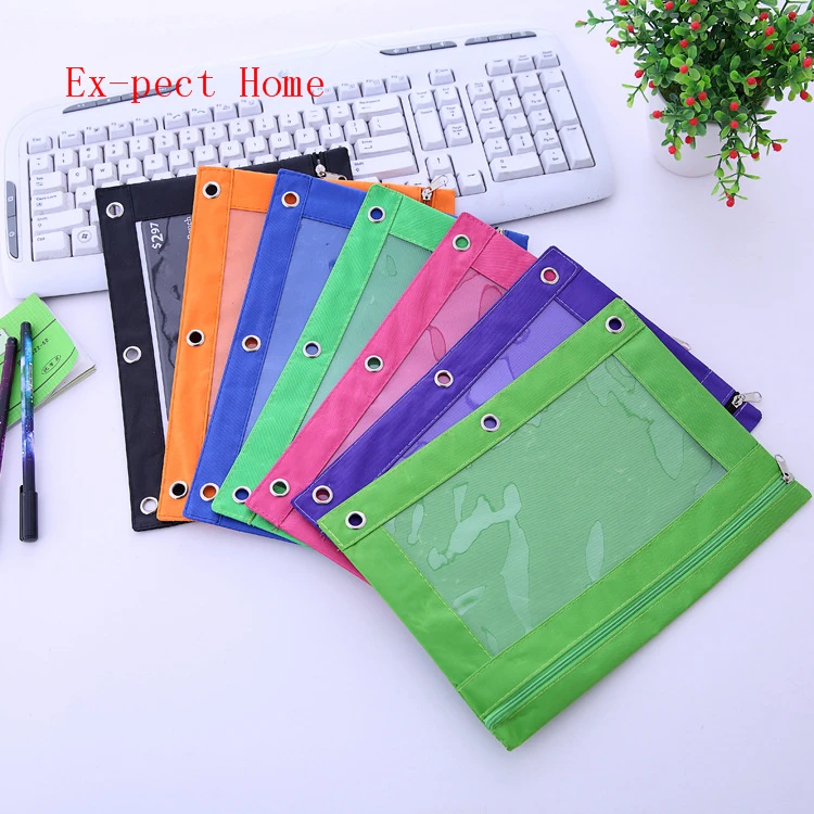 

100pcs 3 Ring Binder Zipper Pencil Pouch with Clear Window Sundries Storage Bag Office Organization 6 Colors