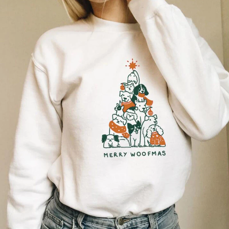 Merry Woofmas Забавный свитшот для женщин с принтом собаки, пуловер с длинными рукавами, толстовка, Рождественская одежда Kawaii, джемперы для девочек, Прямая поставка