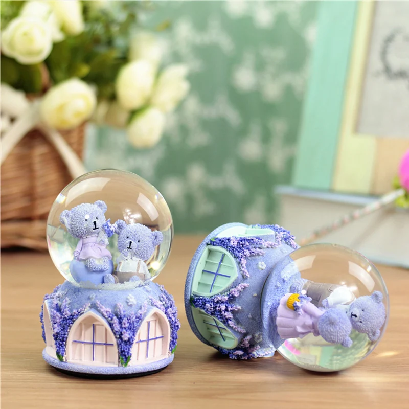 Creative Lavender Bear Snow Globe Crystal Ball Rotating Music Box Christmas Decoration For Home Home Decoration Accssories