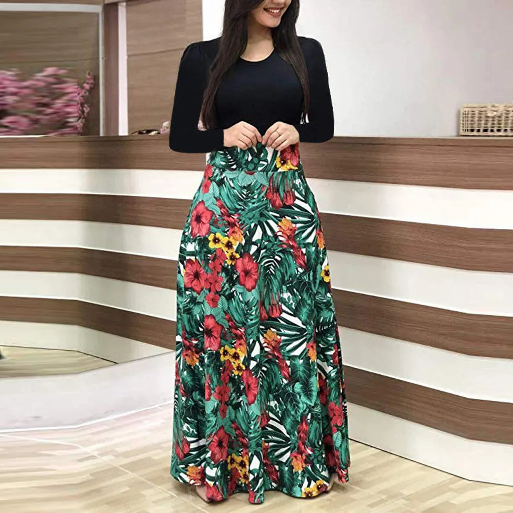 #40 vestidos de las mujeres de moda Simple Sexy de manga larga cuello redondo estampado Floral tobillo-longitud vestido de las mujeres vestidos casuales Платье