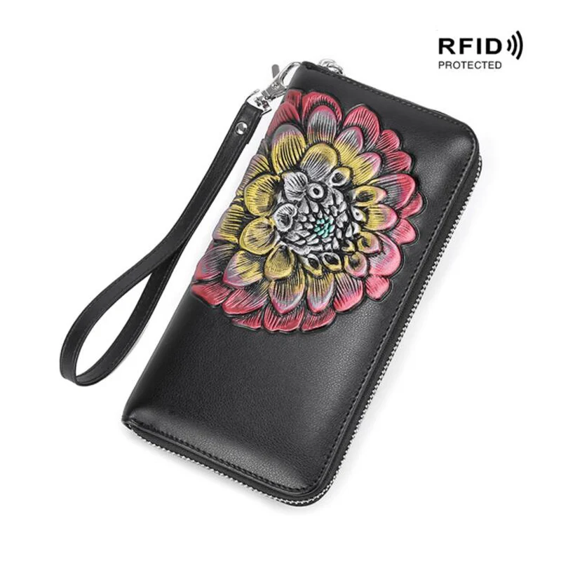 Западный женский кошелек из кожи с цветочным принтом и лосем, Rfid, модный многофункциональный длинный женский кошелек на молнии, Рождественский подарок - Цвет: Golden dahlia