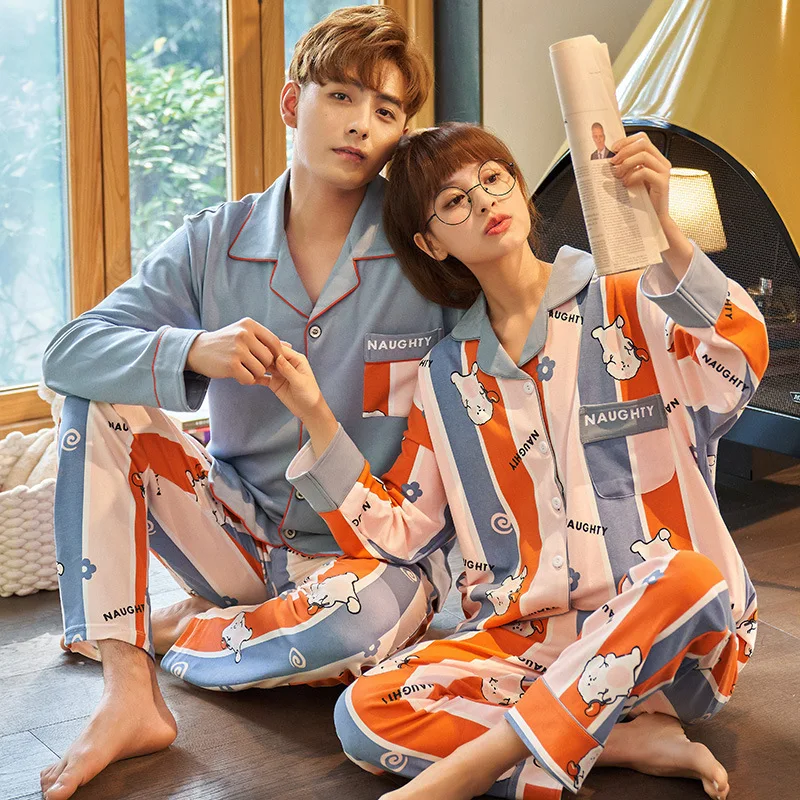 

Couple's Pajamas Autumn and Winter Long-Sleeved Cotton Men's Cardigan Lapel Thin Cotton Leisure Tops Can Be Worn outside Suit