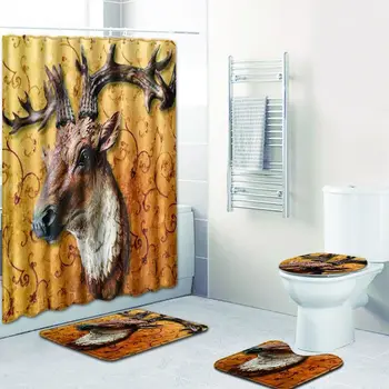 

ONGLYP 3D Animals 4pcs Shower Curtain Set Bathroom Curtains with Hooks Non Slip Bath Mat Toilet Cover Rugs Mat for Home Decor