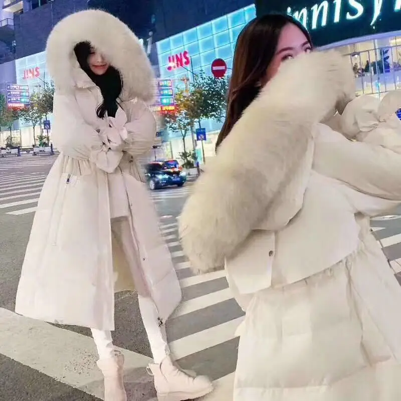 Cream-colored Новая, теплая, длинная Белая куртка с утиным пухом 930 - Цвет: Cream-colored