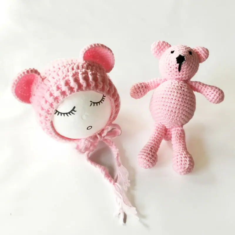 0-2Month Knitted Wool Winter Unisex Baby Hats Newborn Baby Bear Hat Set Girls Boys Photography Crochet Knit Costume images - 6