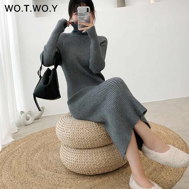 SD19306Gray WOTWOY осенне-зимнее Повседневное трикотажное Хлопковое платье с высоким воротом, женское платье, рукав реглан, сзади, с разрезом, с резьбой, до середины икры, женское платье - Цвет: SD19306Gray