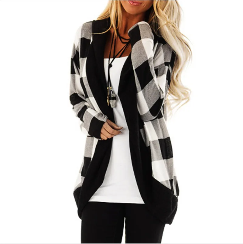 2020 Women Plaid Cardigan Coat Casual Long Sleeve Color Block Open Sitch Coat Top Autumn and Winter Outer Wear Hooded Coat