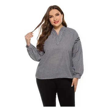 

2020 Autumn Winter Women V-Neck Loose Big Size Blouses Fashion Casual Plaid Blouses 4XL Plus Size Thick Warm Cotton Tops Female