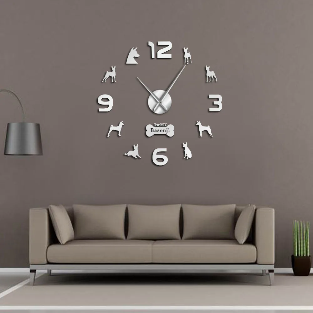 Basenji African Bush Dog Large DIY Wall Clock Barkless Doggie Ango Angari Congo Zande Puppy Pet Wall Stickers Watch Living Room