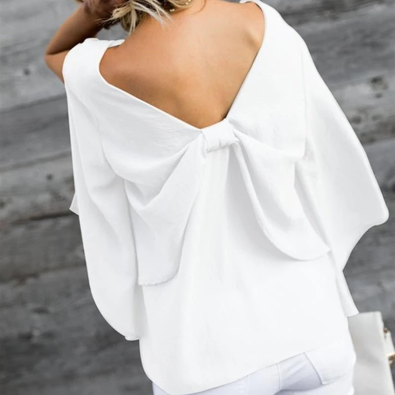 

2019 Summer Women Blouse Sexy V Neck Bow Tie Solid Shirt Casual Loose Long Sleeve Elegant Shirts Blouses Tops Female