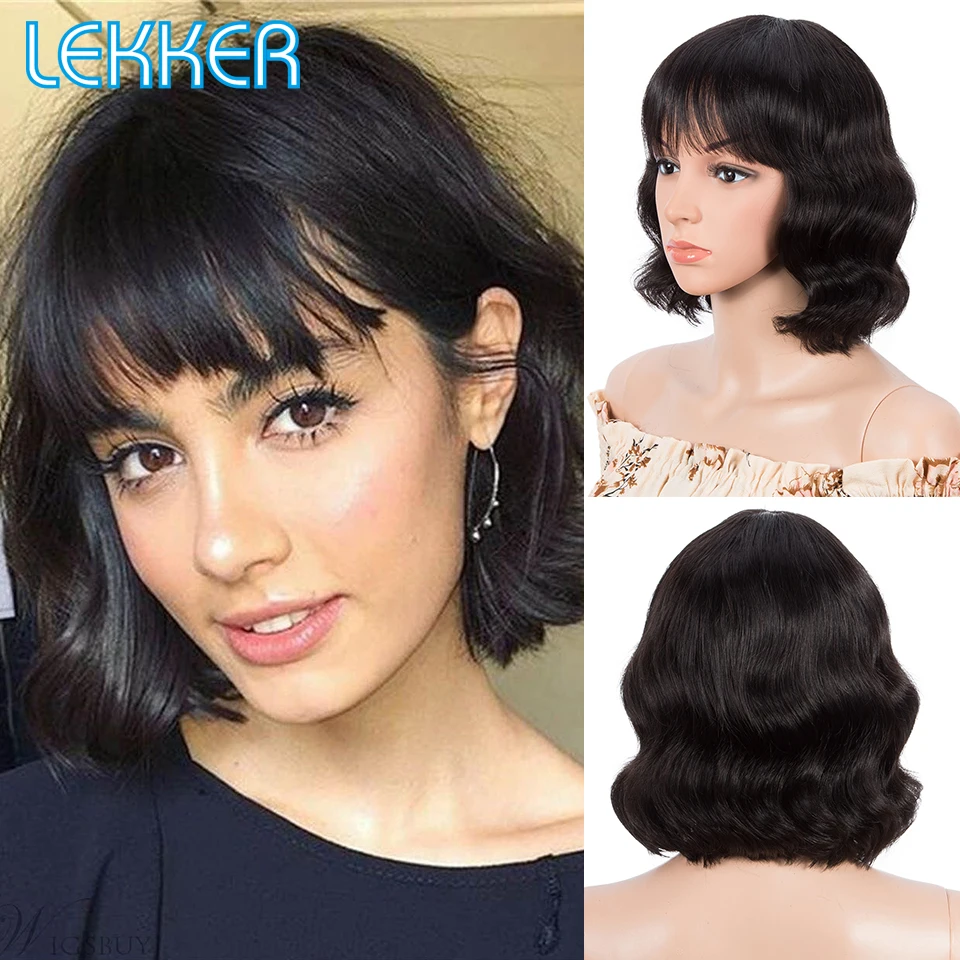 Lekker Short Deep Wave Bob Human Hair Wig With Bangs For Women Colored Brazilian Remy Natural Wavy Ombre Blonde Burgundy Red Wig