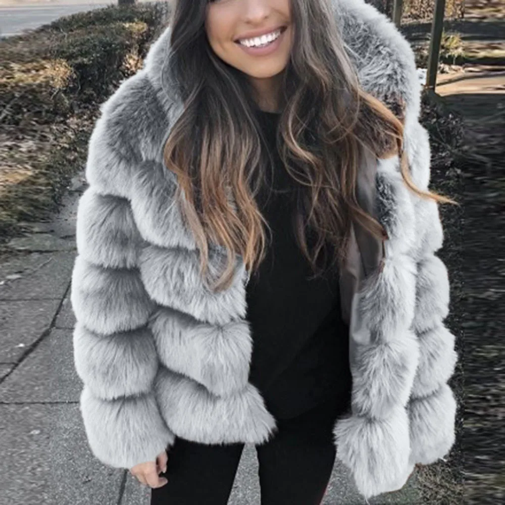 Зимнее женское пальто из искусственного меха, модная теплая куртка с капюшоном из искусственного меха, однотонная плотная Дамская Шуба, верхняя одежда, куртка