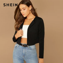 Шеин черный сплошной шаль воротник укороченный блейзер для женщин лето осень с длинным рукавом Элегантная Верхняя одежда Пальто Спецодежда блейзеры