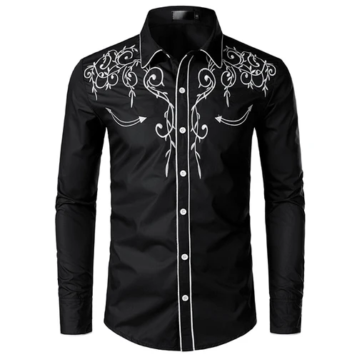 Подкладка мужские модные рубашки рубашка с вышивкой Американский ковбойские Стиль футболка в западном стиле; Джинсовая ткань с вышивкой - Цвет: Черный