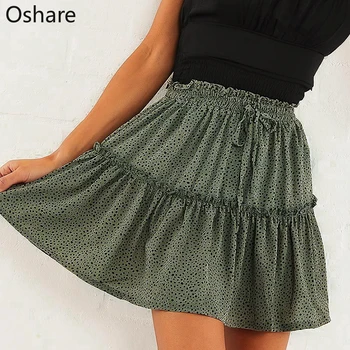 

2020 Casual polka dot ruffle summer pink skirt women A line high waist pleated short skirt Floral print chiffon beach skirt NEW