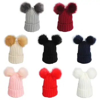 

Winter Warm Double Plush Ball Hat for Woman Girl Autumn Knit Thick Beanies Cap