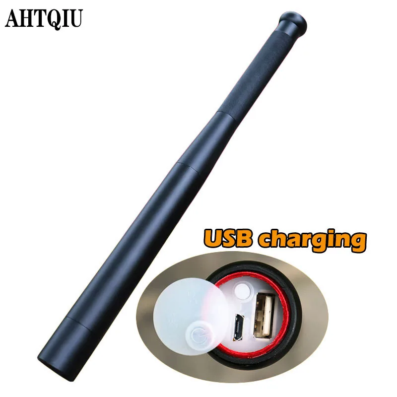 Linterna LED en forma de bate de béisbol para exteriores, linterna de defensa personal, carga USB, equipo de seguridad antimotín funcional