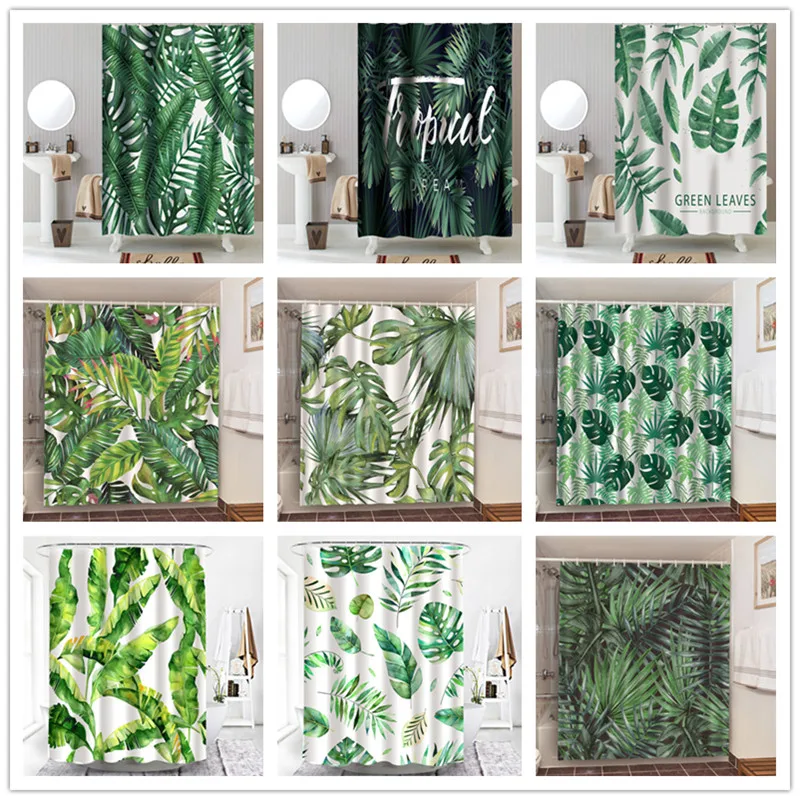Shower Curtains Green Tropical Plants Bathroom Polyester Waterproof