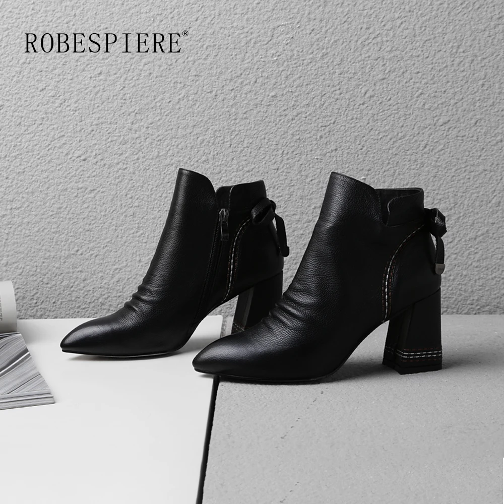 ROBESPIERE/осенне-зимние ботильоны с острым носком; Качественная женская обувь из коровьей кожи; Модный бант-бабочка; ботинки на толстом каблуке; B53
