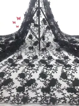 

Black African embroidery french net sequins lace fabric high quality handmade beaded tulle pearls African 3D flower lace wedding