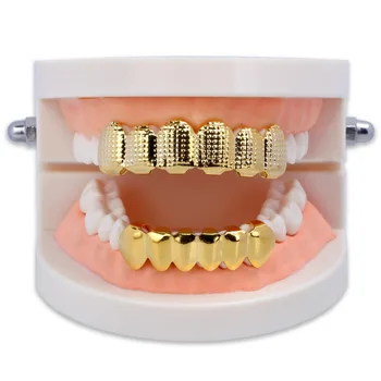 

New Denture Care Gold Silver Plated Teeth Lattice Shape Teeth Golden Plating Texture Bump Top & Bottom Grill Set Teeth 2020