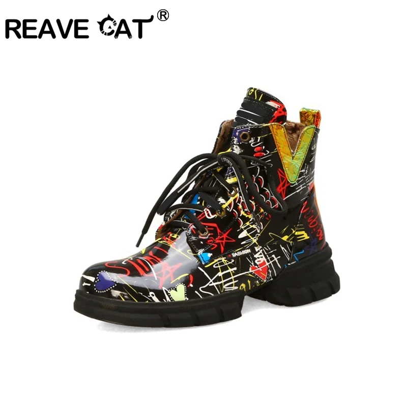REAVE CAT/обувь для бега для девочек; ботинки на шнуровке с граффити; женские дышащие ботинки для верховой езды; сезон осень-зима