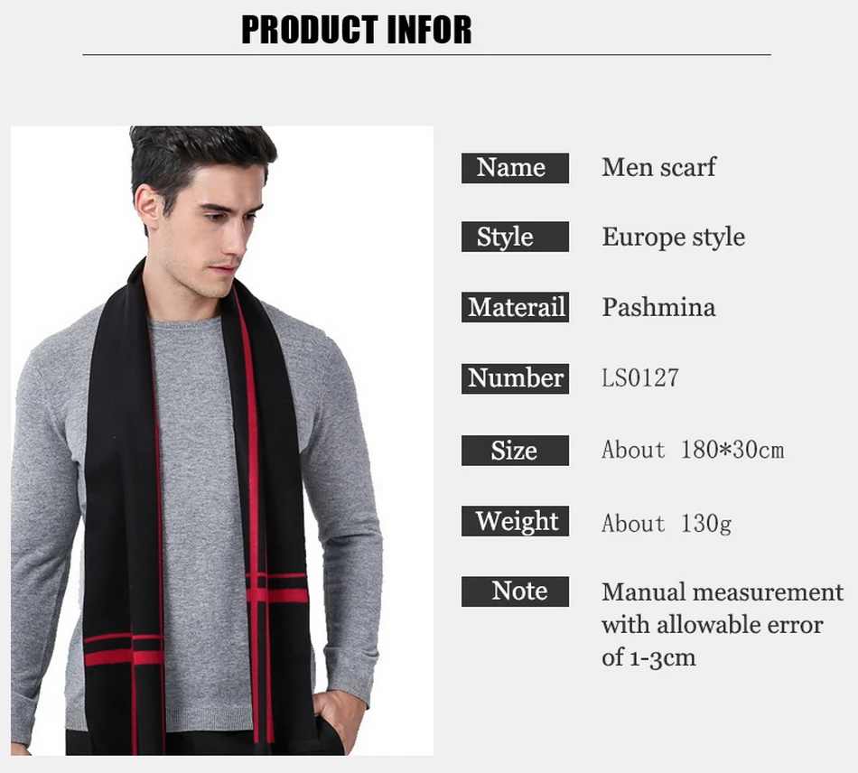 2022 Classic Business Leisure Black Red Stripe Men Scarf Winter Cashmere Warm Wool Grey Brown Navy Blue Scarfs For Father mens red scarf