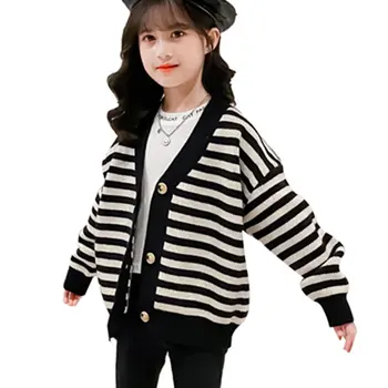 

Teenage Girls Cardigans Sweaters for Kids Autumn Knitted Outerwear Jacket New Coat Children Striped Clothes 6 8 10 12 13 Years