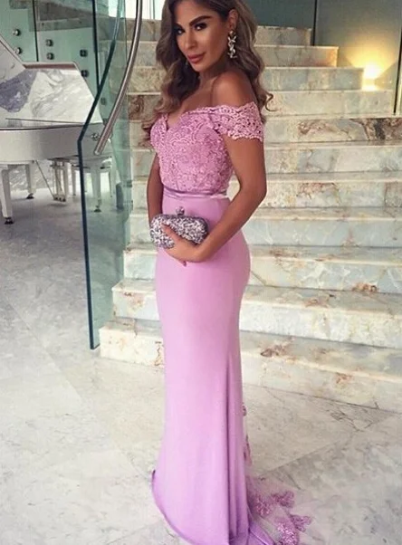 Evening Dress Mermaid Off-the-Shoulder Sweep Train Stretch Satin with Appliques Lace Formal Prom Dress Party Gown