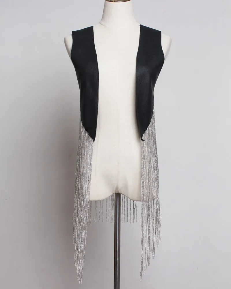 

2019 Street Metal Chain Tassel Wild Wear Vest Solid Women Summer Cardigan Patchwork Pu Leather Black Vest