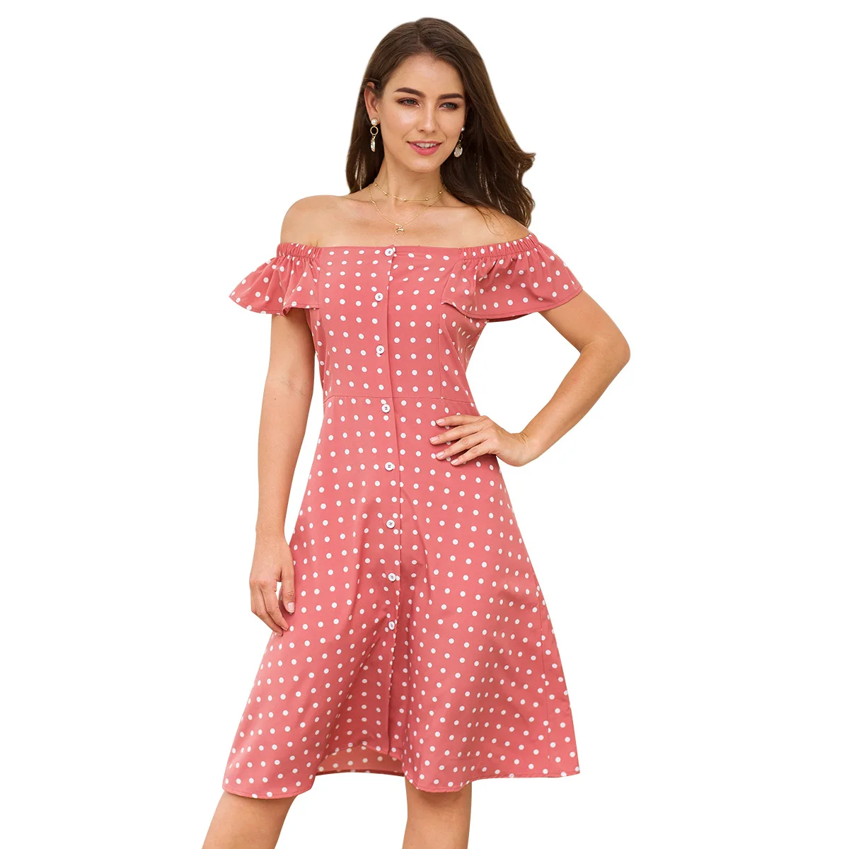 

Europe And The United States New Sweet Flemal Ruffled Short-sleeved Word Shoulder Single-row Buckle Dot Print Slim Split Dresses