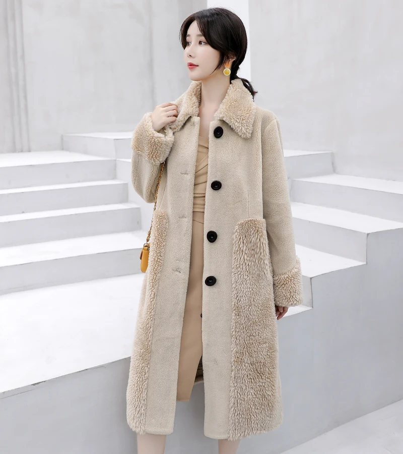 Высококачественная зимняя женская куртка с отложным воротником из овечьей шерсти, Женское пальто, теплая плотная длинная парка