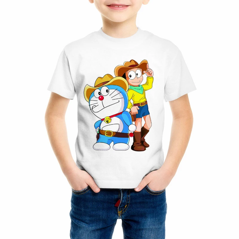 Летняя белая футболка с принтом дораэмона для мальчиков и девочек, kawaii модная футболка с короткими рукавами, детская одежда высокого качества C10-17