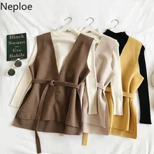 Neploe/осенний корейский вязаный комплект, однотонный пуловер, базовый трикотаж+ шерстяные необычные пояса, тонкая талия, v-образный вырез, жилет, модные костюмы 55022