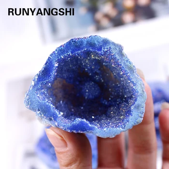 

Runyangshi 100-150g Electroplating blue Natural crystal agate crystal cave emstone agate pieces for home decoration