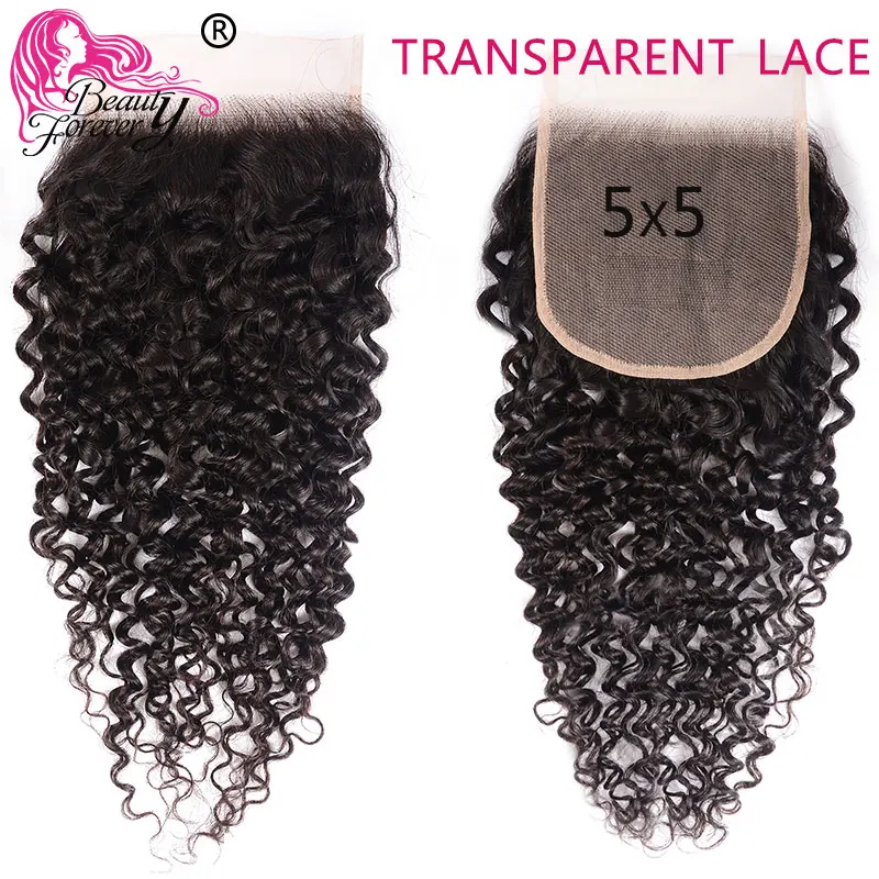 

Beauty Forever 5*5 Transparent Lace Closure Malaysian Curly Human Hair 100% Remy Free Part 130% Density Natural Color