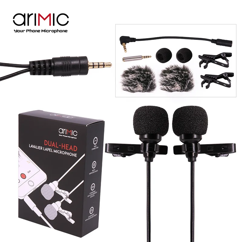 

Arimic Two People Simultaneously Broadcast Mobile Phone Microphone Recording Small Bee Double Headed Interview Microphone 1.5m U