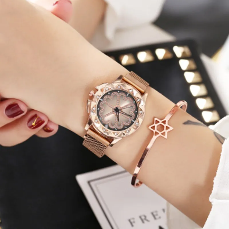 

Hot Fashion Women Flower Rhinestone Wrist Watch Luxury Casual Rose Gold Steel Quartz Lady's Classic Student Watch Drop Shipping