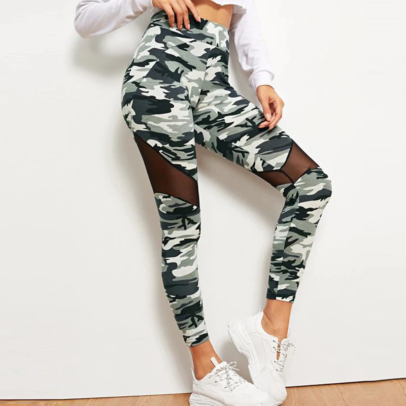 

SALSPOR Camouflage Leggings Female High Waist Elastic Knitted Patchwork Gauze Jeggings Push Up Printing Fitness Pants Feminine