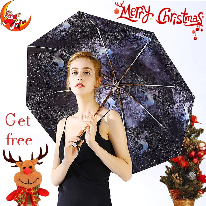 

2019 Christmas New Elk Umbrella Female Sun Umbrella Sun Protection UV Rain Dual-use Ultra Sunscreen Vinyl Folding Umbrella