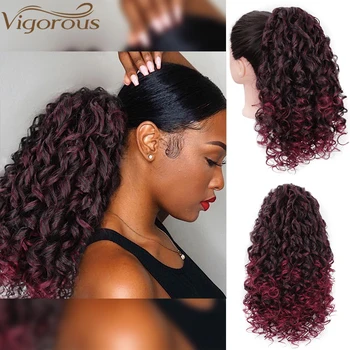 

Vigorous Long Kinky Curly Drawstring Ponytail for Black Women Afro Hair Extension Black Mixed Red Color with Clip-in Hairpiece.