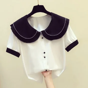 

2020 Summer Top Woman New Korean Fashion Contrasting Color Doll Collar Single-Breasted Short-Sleeved Chiffon Shirt Blouse