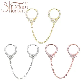 

SHADOWHUNTERS 925 Sterling Silver Full Crystals Hoop Earrings Double Handcuffs With Zircon CZ Hoop Chain Connected Party Jewelry