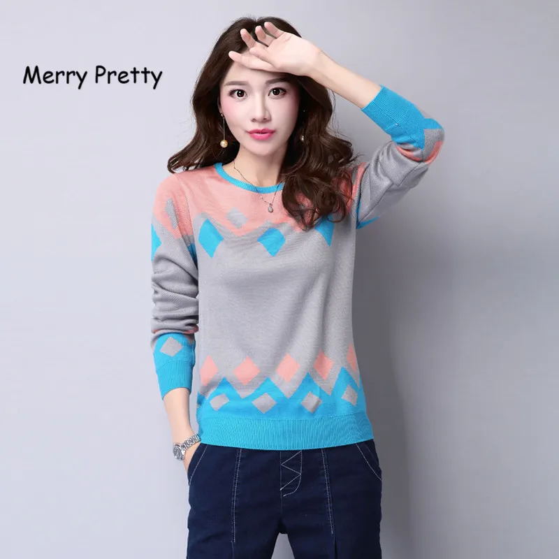 Merry Pretty осенне-зимние женские вязаные свитера с круглым вырезом и длинным рукавом контрастного цвета Повседневный свитер женский пуловер размера плюс 3XL