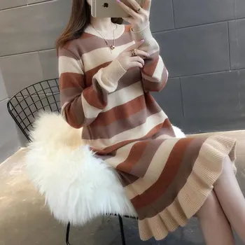 

New women's long section slim temperament sweater skirt 2019 autumn ruffled fashion striped knit dress