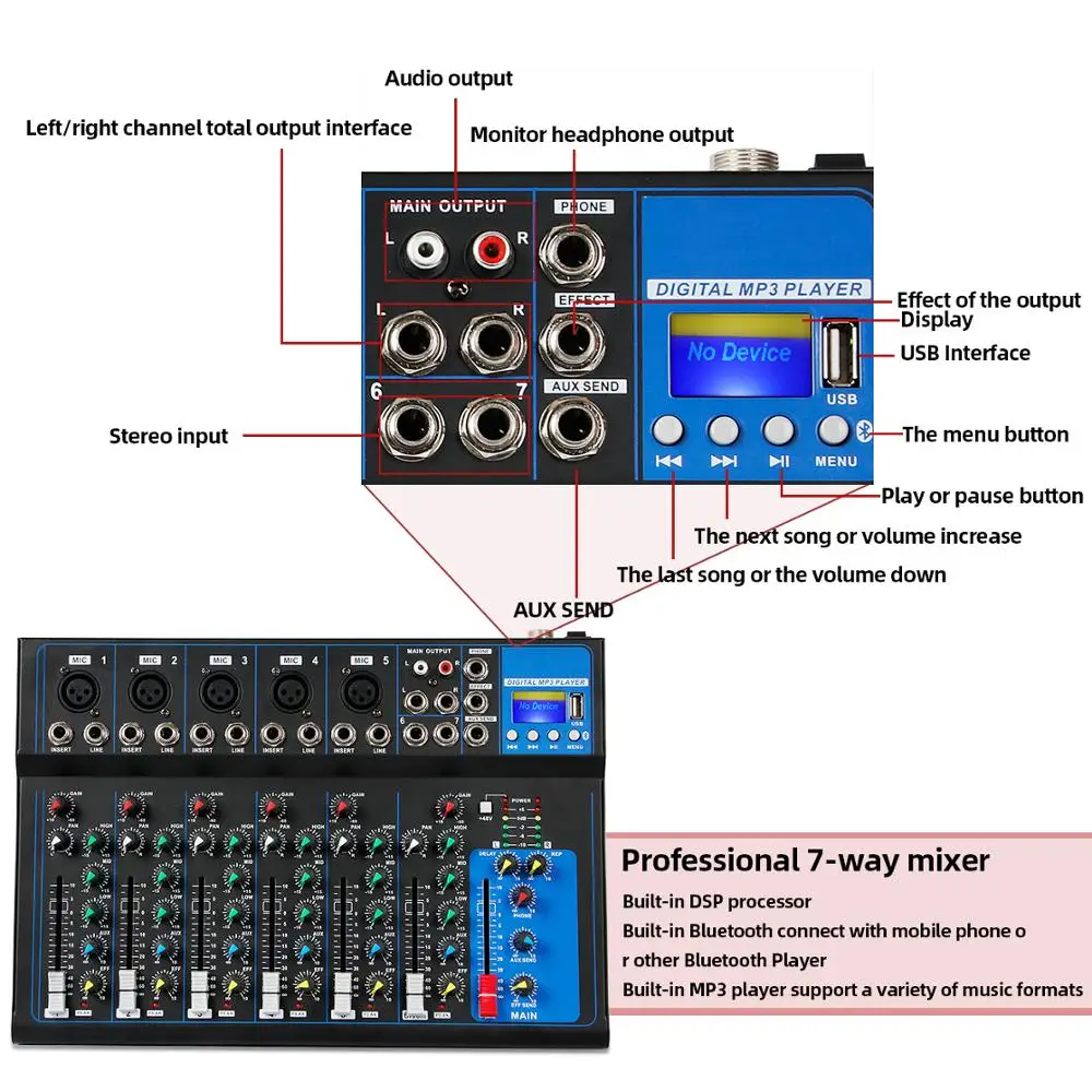 7 канал USB цифровой Микрофон Звук микшерный пульт 48V Phantom Мощность профессиональный караоке аудио микшер